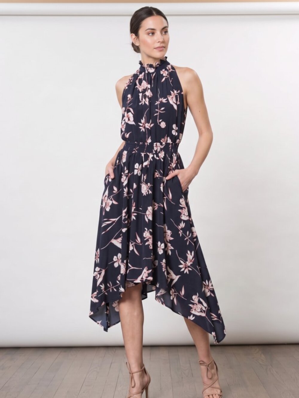 Shoshanna 100% Silk Halter Neck Floral Handkerchief Hem Midi Dress Blue 12 FLAW